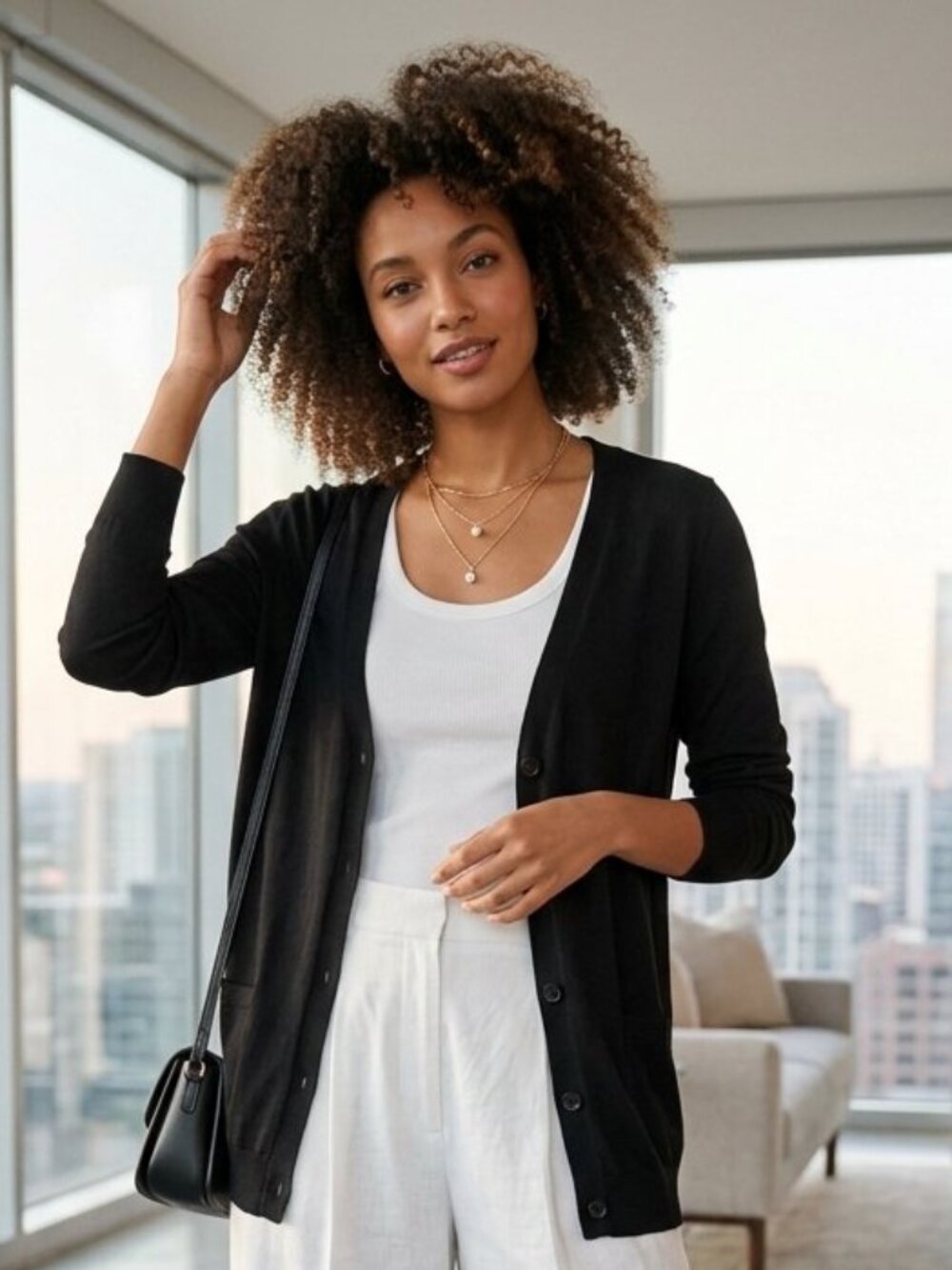 Talbots Modern Girlfriend Cotton Blend Black Button Down V-Neck Cardigan 3634